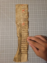 Load image into Gallery viewer, Two Leaf Fragments from the Martyrologium Hieronymianum, Early 13th Century. Manuscript on Parchment. Fragment Recovered from a Binding. 28-Line Format