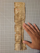 Load image into Gallery viewer, Two Leaf Fragments from the Martyrologium Hieronymianum, Early 13th Century. Manuscript on Parchment. Fragment Recovered from a Binding. 28-Line Format