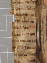 Load image into Gallery viewer, Two Leaf Fragments from the Martyrologium Hieronymianum, Early 13th Century. Manuscript on Parchment. Fragment Recovered from a Binding. 28-Line Format