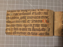 Load image into Gallery viewer, Bifolio Leaf Fragment from a Missal, 15th Century. Latin Manuscript on Vellum. Recovered from a Bookbinding, Potentially Toxic Arsenical Paints. 6 Lines of Gothic Script