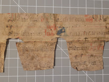 Load image into Gallery viewer, Leaf Fragment from a Missal, 14th Century. Germany. Latin Manuscript on Parchment. Hufnagel notation on a Single-Staff Line, with a Small Doodle. Spine Lining Recovered from a Binding