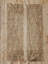 Load image into Gallery viewer, Two Leaves from Jacobus de Voragine’s Golden Legend, or Legenda Aurea, Early 14th Century. Italy. Latin Manuscript on Parchment. 41 Lines of Gothic Script