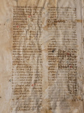 Load image into Gallery viewer, Two Leaves from Jacobus de Voragine’s Golden Legend, or Legenda Aurea, Early 14th Century. Italy. Latin Manuscript on Parchment. 41 Lines of Gothic Script