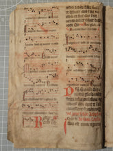 Load image into Gallery viewer, Two Leaf Bifolio from A Latin Missal, Germany, 14th Century. Manuscript on Parchment. 20 Lines of Gothic Script and Musical Notation. Recovered from a Binding