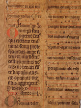 Load image into Gallery viewer, Leaf from a Latin Missal, Germany, 14th Century. Manuscript on Parchment. 18 Lines of Gothic Script and Musical Notation. Recovered from a Binding