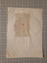 Load image into Gallery viewer, Leaf from Peter Lombard’s Sentences, or Sententia, 1275. Italy. Latin Manuscript on Parchment. 40 Lines of Gothic Script. Book III, Distinctio VII and VIII