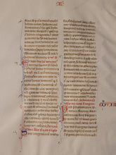 Load image into Gallery viewer, Leaf from Peter Lombard’s Sentences, or Sententia, 1275. Italy. Latin Manuscript on Parchment. 40 Lines of Gothic Script. Book III, Distinctio VII and VIII