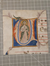 Load image into Gallery viewer, A Male Saint. Historiated Initial of the Letter V, Circa 1320-1350, Likely Northern Italy. Illuminated Manuscript Cutting from a Large Antiphonary