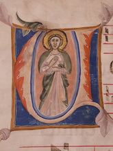 Load image into Gallery viewer, A Male Saint. Historiated Initial of the Letter V, Circa 1320-1350, Likely Northern Italy. Illuminated Manuscript Cutting from a Large Antiphonary