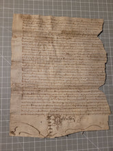 Load image into Gallery viewer, Medieval Charter Dating from the 100 Years War. Manuscript on Parchment, 1417. With a Signum and Stitched Repair at the end. Included with 17th and 18th Century Copies of the Original Charter