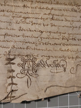 Load image into Gallery viewer, Medieval Charter Dating from the 100 Years War. Manuscript on Parchment, 1417. With a Signum and Stitched Repair at the end. Included with 17th and 18th Century Copies of the Original Charter