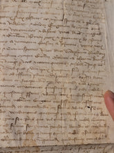 Load image into Gallery viewer, Medieval Charter Dating from the 100 Years War. Large Manuscript on Parchment, January 7th, 1420. Marguerite de Spina, Lady of Spina, Appoints New Attorneys, Notaries, and More. With a Detailed Initial and Signum