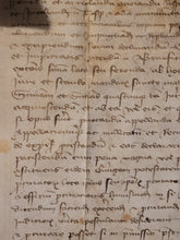 Load image into Gallery viewer, Medieval Charter Dating from the 100 Years War. Large Manuscript on Parchment, January 7th, 1420. Marguerite de Spina, Lady of Spina, Appoints New Attorneys, Notaries, and More. With a Detailed Initial and Signum