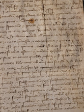 Load image into Gallery viewer, Medieval Charter Dating from the 100 Years War. Large Manuscript on Parchment, January 7th, 1420. Marguerite de Spina, Lady of Spina, Appoints New Attorneys, Notaries, and More. With a Detailed Initial and Signum