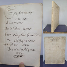 Load image into Gallery viewer, Conferences ou Examens avec des avis sur les plus Grandes obligations des Ecclesiastiques, 1684. Religious Manuscript on the obligations of Ecclesiastics, covering the Diving Office, Mass, and much more.