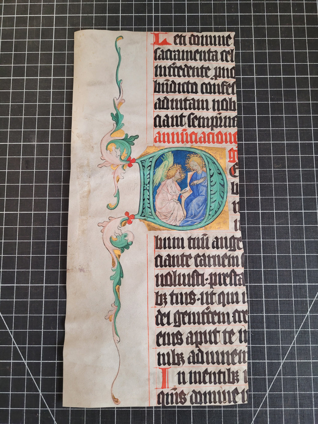 The Annunciation. Historiated Initial of the Letter D, Early 15th Century. Cutting From a Manuscript Antiphonary