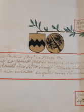 Load image into Gallery viewer, Genealogical Family Tree for Guillaume de Fontaine, Lord of Perroy, and his descendants. Illuminated Manuscript on Parchment, August 3 1696