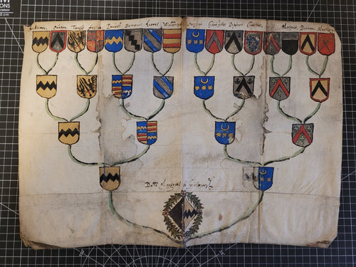 Genealogical Family Tree of Lady Marguerite de Fontaine and her Ancestors. Illuminated Manuscript on Parchment, 17th Century