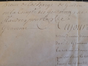 Brevet Awarded by Louis XIV, to Sieur de Gramont, for services on the gendarmes of Flanders. Manuscript on Parchment, with secretarial signature of Louis XIV, June 2 1709