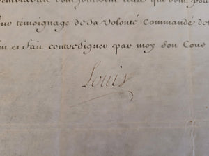 Certificate Awarded by Louis XV, to Sieur de Gramont. Manuscript on Parchment, with secretarial signature of Louis XV, April 7 1730
