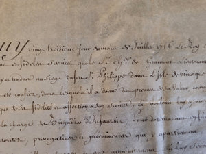 Certificate Awarded by Louis XV, to Sieur de Gramont. Manuscript on Parchment, with secretarial signature of Louis XV, July 23 1756