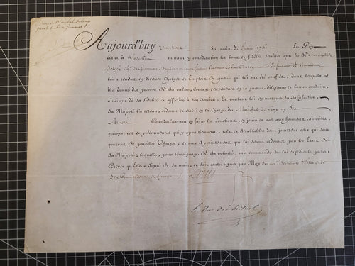 Marshal’s Certificate Awarded by Louis XV, to Sieur de Gramont. Manuscript on Parchment, with secretarial signature of Louis XV, countersigned by the Duc de Choiseul.  February 28 1761