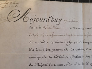 Marshal’s Certificate Awarded by Louis XV, to Sieur de Gramont. Manuscript on Parchment, with secretarial signature of Louis XV, countersigned by the Duc de Choiseul.  February 28 1761