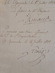 Letter of Recommendation from General Claude Ursule Gency of the Grande Armee to Promote Sergeant Denizot to Lieutenant. Manuscript on Paper signed by General Claude Ursule Gency, 1808