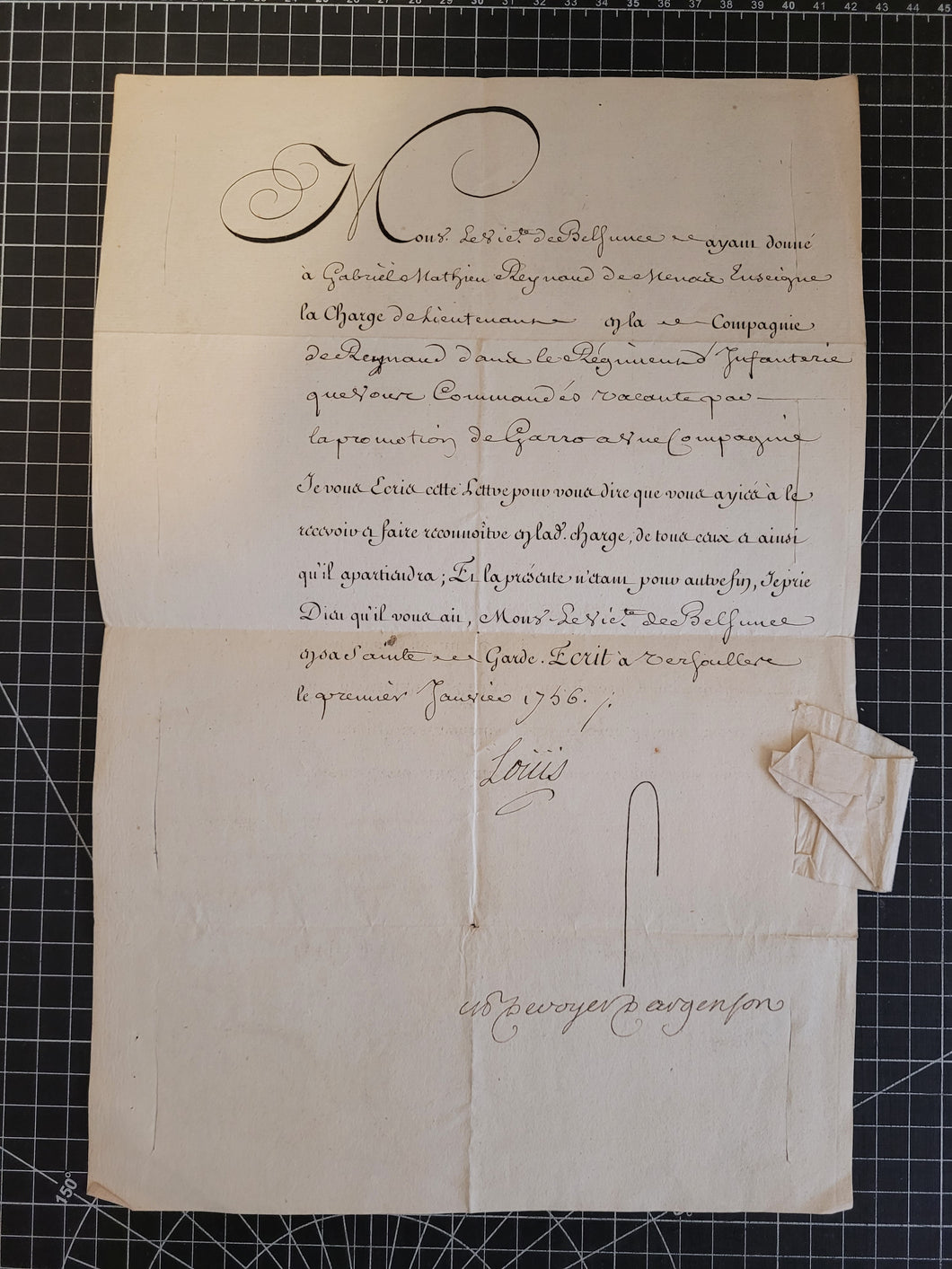 Military Letter of Promotion by Louis XV in favor of Gabriel Mathieu Reynaud de Menais, to the position of Lieutenant. Manuscript on Paper, with secretarial signature of Louis XV and signature of Secretary of State for War, January 1756