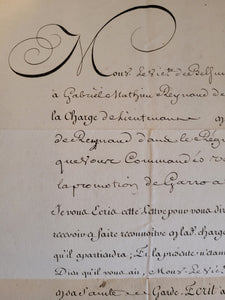 Military Letter of Promotion by Louis XV in favor of Gabriel Mathieu Reynaud de Menais, to the position of Lieutenant. Manuscript on Paper, with secretarial signature of Louis XV and signature of Secretary of State for War, January 1756