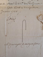 Load image into Gallery viewer, Military Letter of Promotion by Louis XV in favor of Gabriel Mathieu Reynaud de Menais, to the position of Lieutenant. Manuscript on Paper, with secretarial signature of Louis XV and signature of Secretary of State for War, January 1756