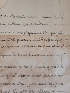Military Letter from Louis XV to granting the charge of signage to the regiment of Bresse to Michel de Beauvais de Villeret. Manuscript on Paper with secretarial signature of Louis XV and signature of his Secretary of State for War, May 1758