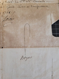 Military Letter from Louis XV to granting the charge of signage to the regiment of Bresse to Michel de Beauvais de Villeret. Manuscript on Paper with secretarial signature of Louis XV and signature of his Secretary of State for War, May 1758