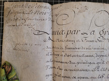 Load image into Gallery viewer, Letter of Veterancy by Louis XV in favor of Jacques Le Noir, assistant for the office of the fourrière within the Bouche du roi. Manuscript on Parchment, with secretarial signature of Louis XV and signature of Secretary of State, December 28 1718
