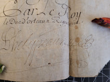 Load image into Gallery viewer, Letter of Veterancy by Louis XV in favor of Jacques Le Noir, assistant for the office of the fourrière within the Bouche du roi. Manuscript on Parchment, with secretarial signature of Louis XV and signature of Secretary of State, December 28 1718