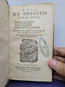 De Officiis Libri Tres; Bound With; Fragmenta ab Andrea Patricio 1590/1589. Sammelband of Two Cicero Imprints