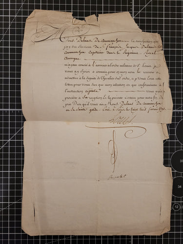 Order from Louis XVI to award Sieur Francois Jacques Dalmas the Order of Saint Louis. Manuscript on Paper with secretarial signature of Louis XVI and signature of his Minister of War, Louis Lebègue Duportail, February 23 1791
