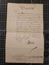 Load image into Gallery viewer, A Letter from King Louis XIII delivering orders to set up an additional company for the garrison of Fort Barraux en Dauphine. Manuscript on Paper, with secretarial signature of Louis XIII and signature of Secretary of State, August 1634