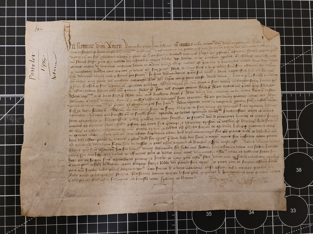 Medieval Charter for the Church of Saint-Jean-en-Grève(?). Manuscript on Parchment, 1438. Detailed Initial