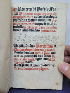 Reverendi Patris Fratris Michaelis Menoti ordinis minorum perpulcher tractatus in quo tractatur perbelle de federe et pace ineunda, media ambassiatrice penitentia, 1519(?). Annotated Copy, with Manuscript Pastedowns