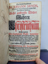 Load image into Gallery viewer, Sechs geistreiche Bücher vom wahren Christenthum; Bound With;  Viel-vermehrtes geistliches Paradis-Gärtlein, 1712/1713. With Golden Brocade Pastedowns and a Gauffered Fore Edge