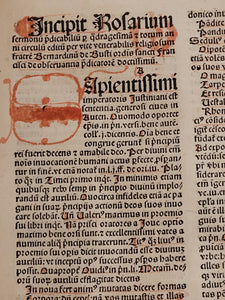 Rosarium Sermonu Predicabilium ad Faciliorem Pedicantium Commoditatem Novissime Compilatum Pars Prima; Bound With; Defensorium Montis Pietatis Contra figmenta omnia emule falsitatis, 1508/1503. Nicely Rubricated