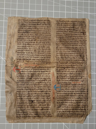 A Leaf from the Glossae Sacrae Scripturae, with Glosses on Esther 14 and Job 39, Late 13th Century. Manuscript on Vellum. Recovered from a Binding