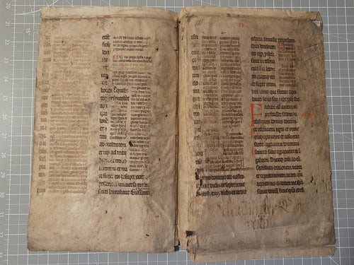 Manuscript Bible Two Leaf Bifolio, Circa 1180-1215. Paris Workshop. Chronicles and Kings. Profusely Glossed. Manuscript on Parchment