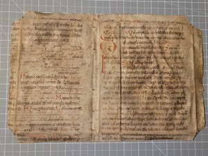 ***RESERVED*** Bifolio Leaf Fragment from a Latin Missal, Germany, Late 11th to Early 12th Century. Manuscript on Parchment. 24 Lines of Carolingian Script. Recovered from a Binding