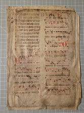 Load image into Gallery viewer, Two Leaf Bifolio from A Latin Missal, Germany, 14th Century. Manuscript on Parchment. 20 Lines of Gothic Script and Musical Notation. Recovered from a Binding