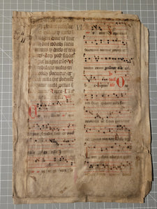 Two Leaf Bifolio from A Latin Missal, Germany, 14th Century. Manuscript on Parchment. 20 Lines of Gothic Script and Musical Notation. Recovered from a Binding