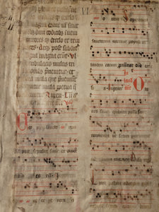 Two Leaf Bifolio from A Latin Missal, Germany, 14th Century. Manuscript on Parchment. 20 Lines of Gothic Script and Musical Notation. Recovered from a Binding