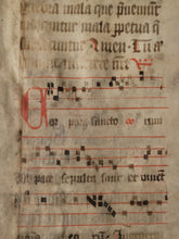 Load image into Gallery viewer, Two Leaf Bifolio from A Latin Missal, Germany, 14th Century. Manuscript on Parchment. 20 Lines of Gothic Script and Musical Notation. Recovered from a Binding