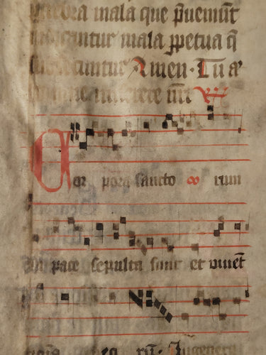 Two Leaf Bifolio from A Latin Missal, Germany, 14th Century. Manuscript on Parchment. 20 Lines of Gothic Script and Musical Notation. Recovered from a Binding